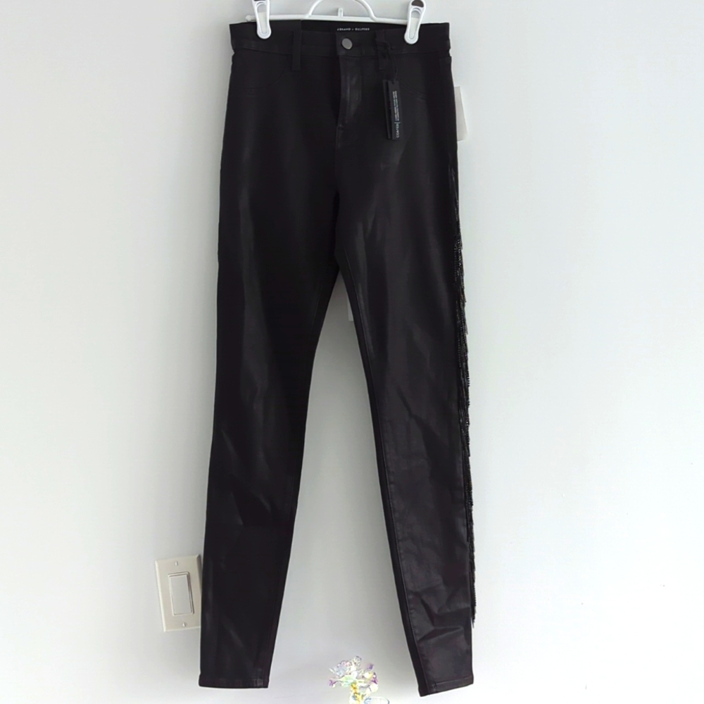 J Brand x Halpern coated black skinny jeans with metal fringe detail